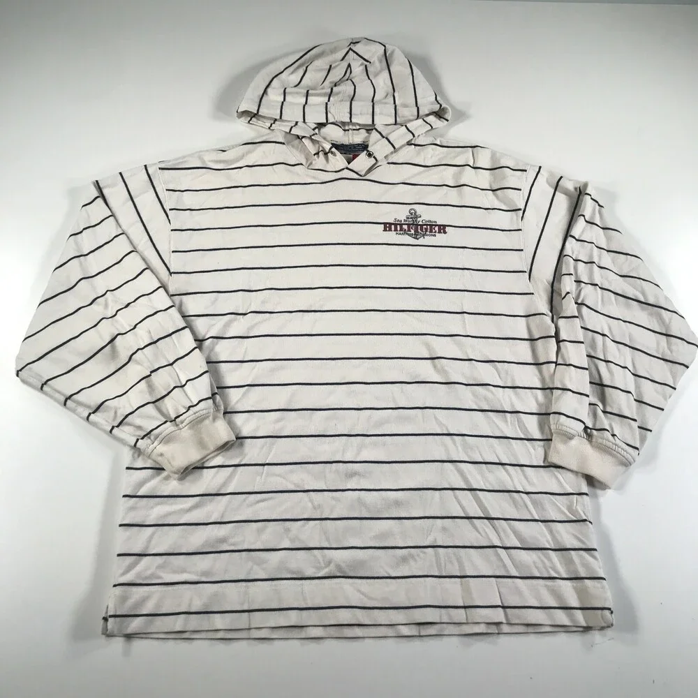 Vintage Tommy Hilfiger Hoodie Mens Large Ivory Blue Striped Maritime Provisions